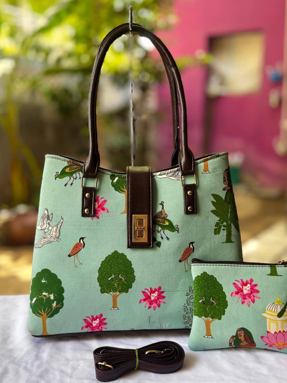 Pastel Green Print Double Partition Tote Bag